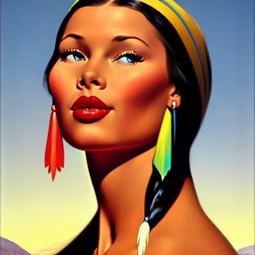 Image similar to portrait of a beautiful pocahontas, expressive pose, symmetrical face, shiny lips, highly detailed, digital painting, smooth, sharp focus, by gil elvgren