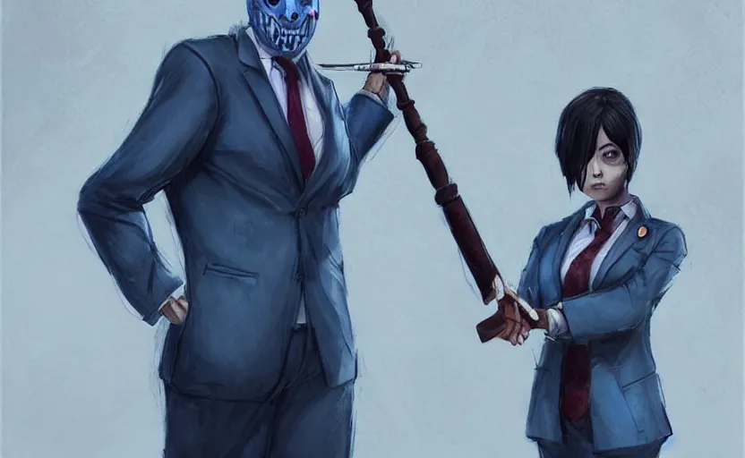 Prompt: a dead by daylight killer lawyer wearing a blue business suit with gavel hammer hands, character portrait, by krenz cushart