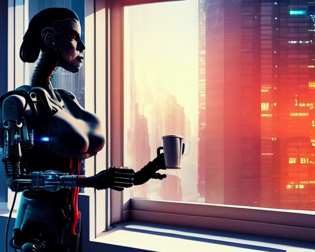 Image similar to a terminator cyborg lady with borg implants and optical fibers is drinking coffee near a window with dystopian city visible outside. very detailed 8 k. horror cyberpunk style.
