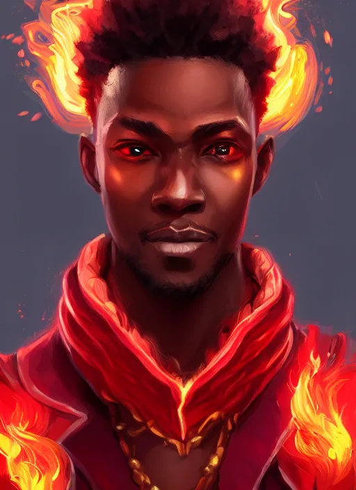 Image similar to a highly detailed illustration of attractive top cut haired african guy wearing red jacket, flaming glowing eyes, dramatic smile pose, intricate, elegant, highly detailed, centered, digital painting, artstation, concept art, smooth, sharp focus, league of legends concept art, wlop