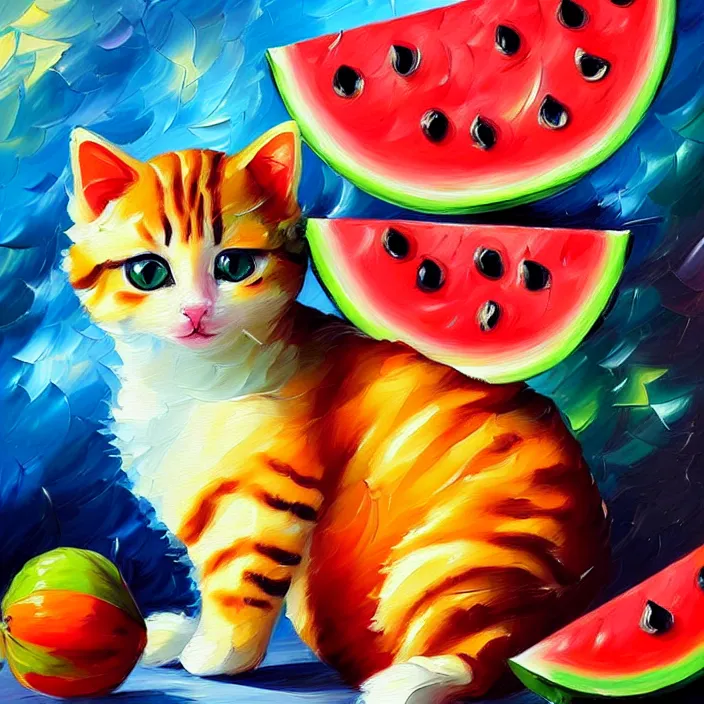 Prompt: colourful painting of cute little kitty and watermelon, art in paul lehr and leonid afremov style, close shot, bright, evening, soft lighting, focus, masterpiece art