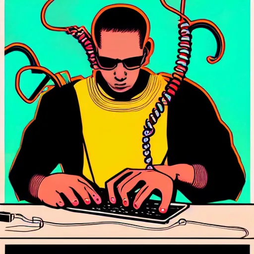 Image similar to illustration of a boy connected to his laptop with wires, highly detailed, by butcher billy