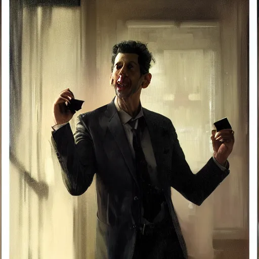 Prompt: hyperrealistic portrait of a man as jeff goldblum making a telephone noir call by jeremy mann and alphonse mucha, fantasy art, photo realistic, dynamic lighting, artstation, poster, volumetric lighting, very detailed faces, 4 k, award winning