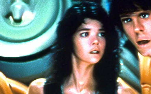 Prompt: full - color cinematic movie still from a 1 9 7 9 science - fiction horror film by ridley scott starring young phoebe cates as a crew member on a spaceship fighting a xenomorph. detailed facial - features ; suspense ; action.