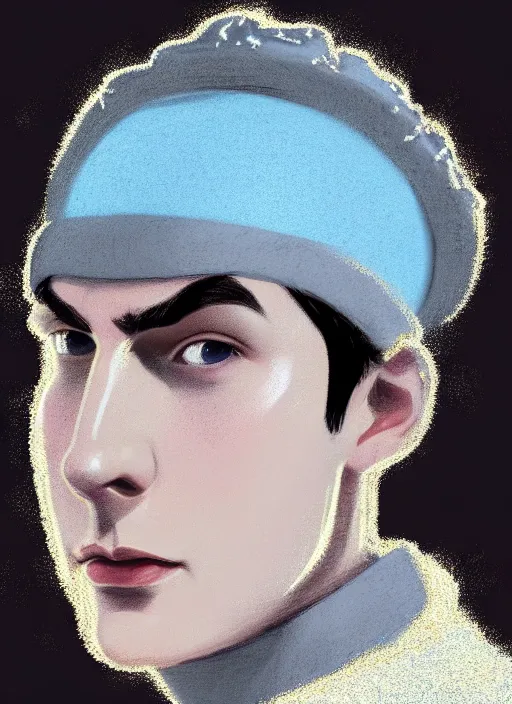 Image similar to portrait of teenage jughead jones wearing a light grey crown, crown, blue turtleneck, 1 9 5 0 s, closed eyes, photorealistic, black hair, glowing lighting, intricate, elegant, glowing lights, highly detailed, digital painting, artstation, concept art, smooth, sharp focus, illustration, art by wlop, mars ravelo and greg rutkowski