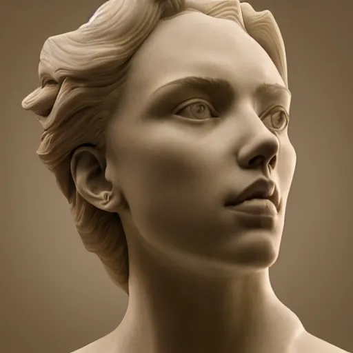 Prompt: a marble bust of actress Scarlett Johansson, made of Carrara marble, extremely detailed, 8K render, unreal engine, octane render, intricate, CGI, cgsociety, photograph, single subject, medium shot, shallow depth of field, by Gian Lorenzo Bernini