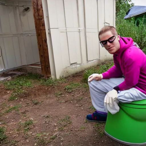 Image similar to buzz lightyear nerd sitting on a backyard toilet in russia