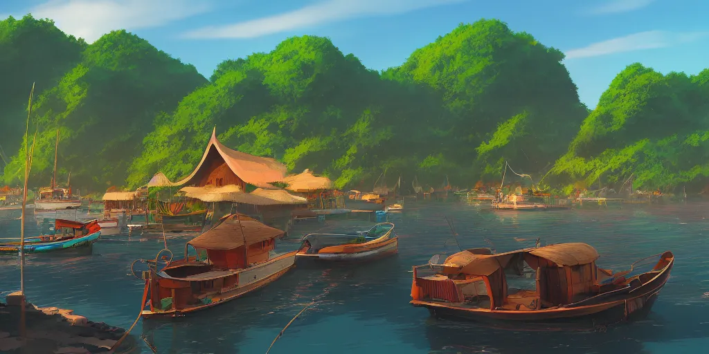 Image similar to pulau indah village, boat in foreground, early morning, detailed matte painting, low angle view, telephoto lens, bokeh, studio ghibli, artstation