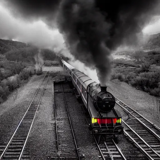 Prompt: train with steam locomotive leaving the station, dramatic cinematic angle and lighting, low key slow shutter