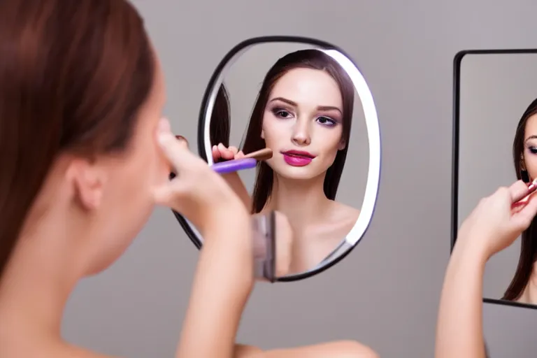 Image similar to beautiful female android, putting on makeup in front of a mirror, bathroom environment