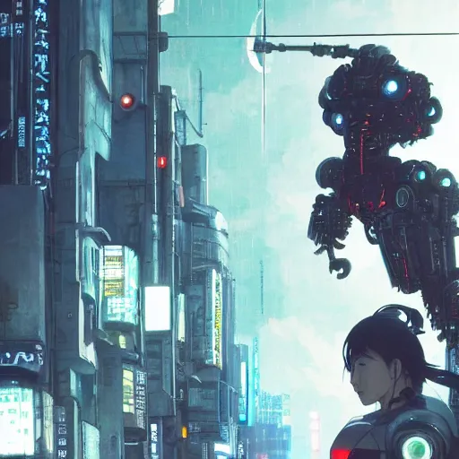 Image similar to a japanese cyberpunk robot, finely detailed features, cyborg robot parts with glowing lights!, dramatic cinematic, night, at cyberpunk city, ghost in the shell, akira, noir, painted by greg rutkowski makoto shinkai takashi takeuchi craig mullins, alphonse mucha, studio ghibli, pixiv