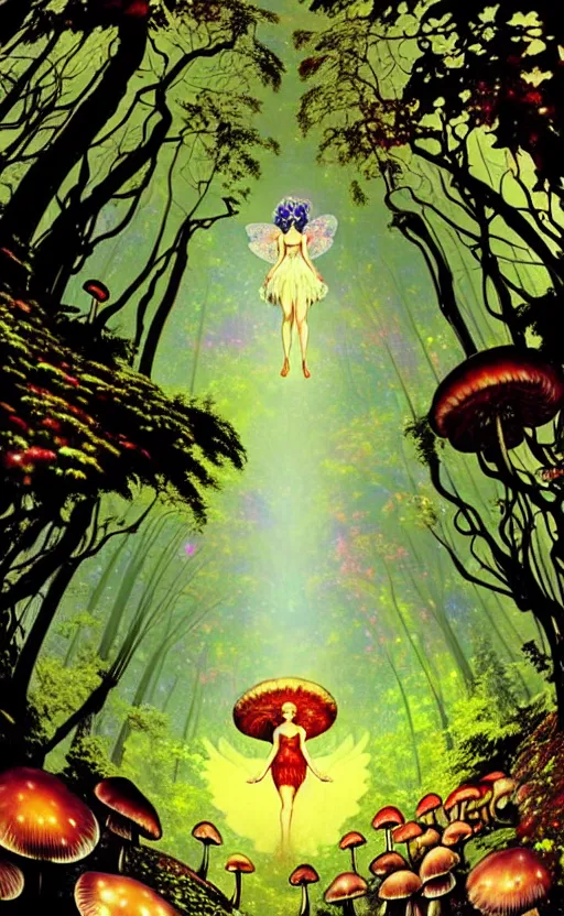 Image similar to stars in the sky, fairies with detailed faces, enchanted forest, mushrooms on the ground, psychedelic, wide angle shot, white background, vector art, illustration by frank frazetta