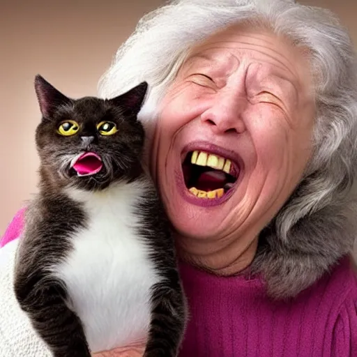 Prompt: an old woman happily opening her mouth wide and a cat happily jumping into her open mouth