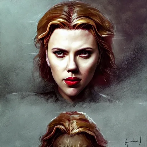 Image similar to portrait of scarlett johansson as an evil golem, colourised, face portrait, epic, tragic, military art, fantasy, dieselpunk, hd shot, digital portrait, beautiful, artstation, comic style, by artgerm, guy denning, jakub rozalski, magali villeneuve and charlie bowater