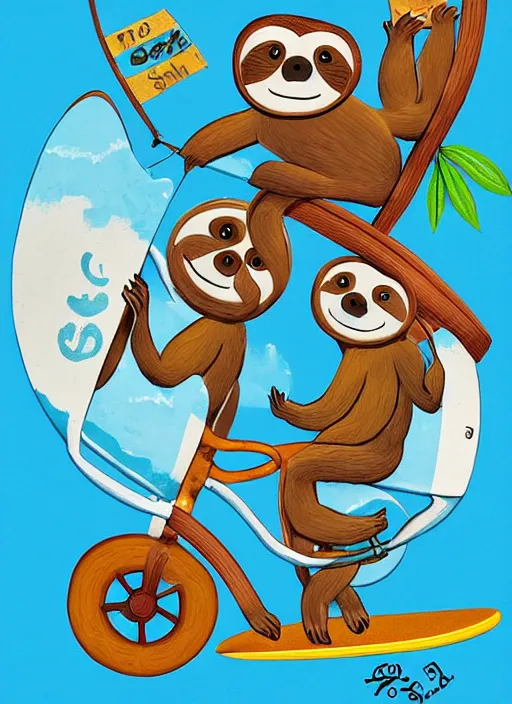 Image similar to a couple of sloths riding a bike with a surfboard, by tim biskup, tom bonson folk art, whimsical, storybook illustration