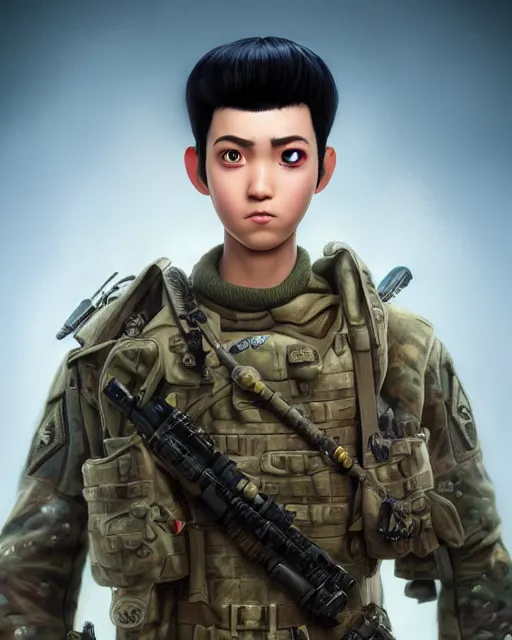Prompt: an epic comic book style full body portrait painting of a soldier with black hair, elegant, character design by Mark Ryden and Pixar and Hayao Miyazaki, unreal 5, DAZ, hyperrealistic, octane render, cosplay, RPG portrait, dynamic lighting, intricate detail, summer vibrancy, cinematic