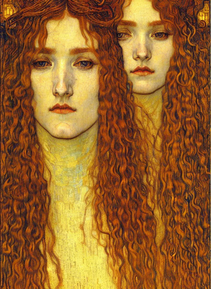 Image similar to detailed realistic beautiful young medieval queen face portrait by jean delville, gustav klimt and vincent van gogh, art nouveau, symbolist, visionary, gothic, pre - raphaelite, muted earthy colors, desaturated