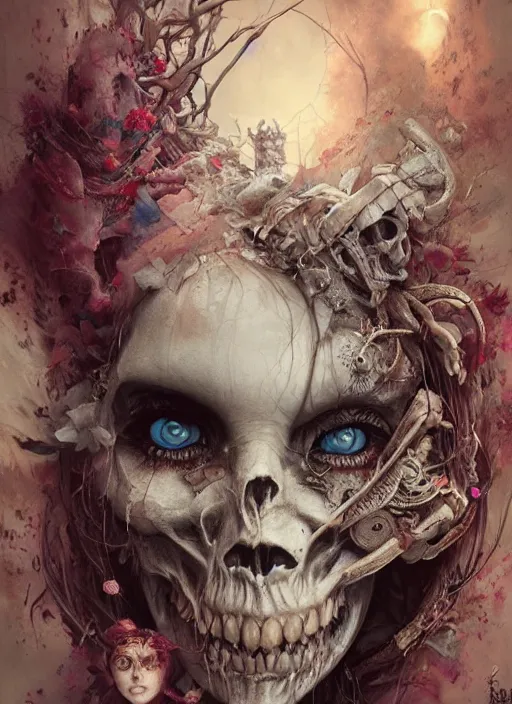 Image similar to Alice in Wonderland,highly detailed,half skull face,cinematic,8k,by Stanley Artgermm,Tom Bagshaw,Greg Rutkowski,Carne Griffiths, Ayami Kojima, Beksinski, Giger,trending on DeviantArt,hyper detailed,horror, full of colour