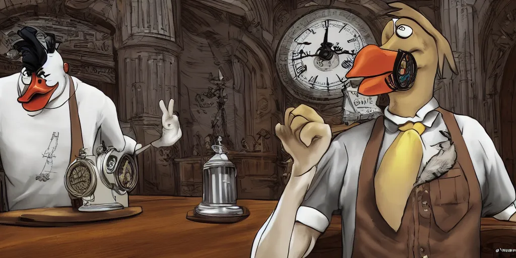 Prompt: a foghorn leghorn hyper chicken lawyer wearing a white t shirt representing a duck in court, steampunk, london, big ben, clock, dishonored, stylized, 8 k, uhd.