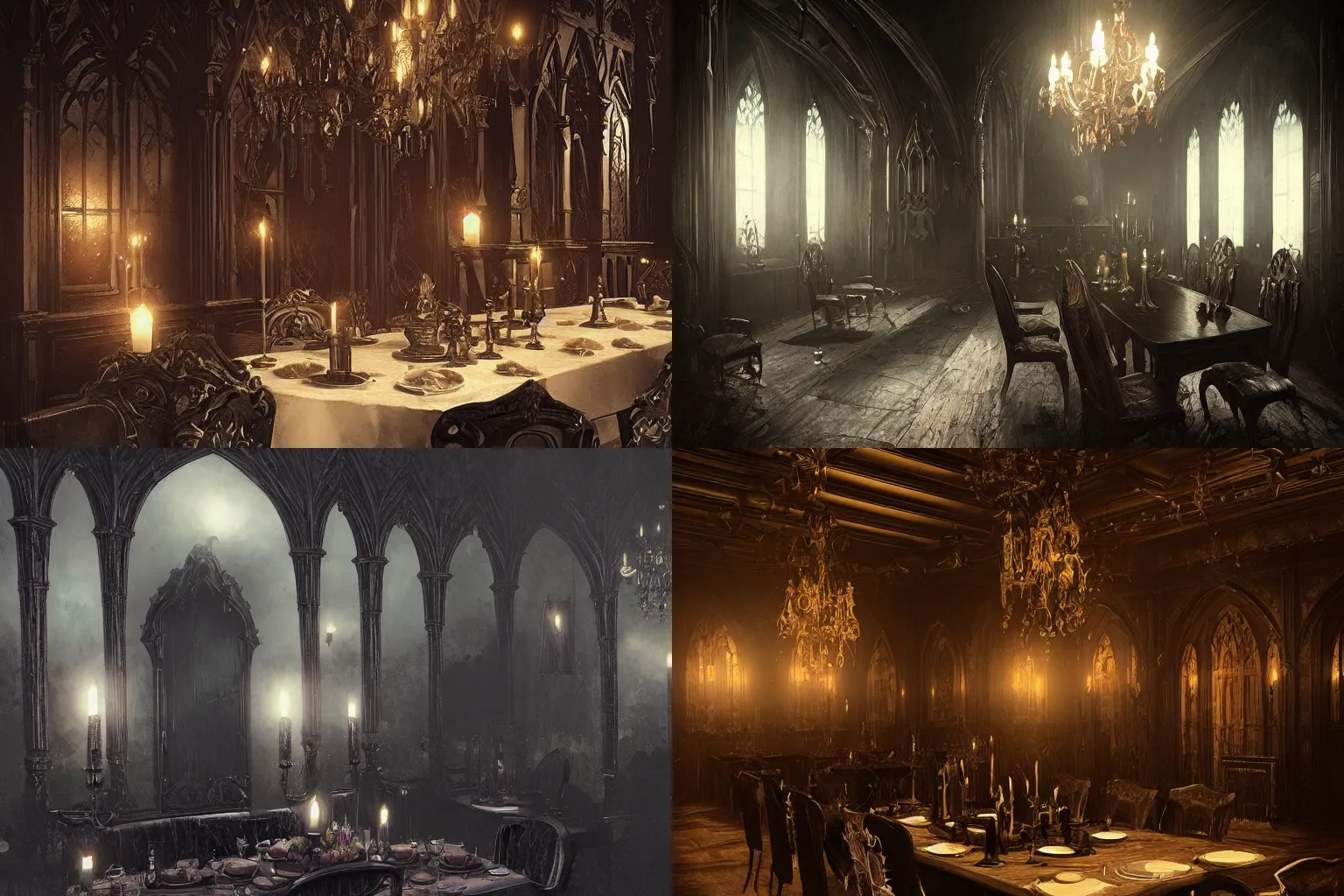 Prompt: gothic victorian dining room, vampire, creepy, atmospheric, Greg Rutkowski, Artstation, CGSociety, Unreal Engine