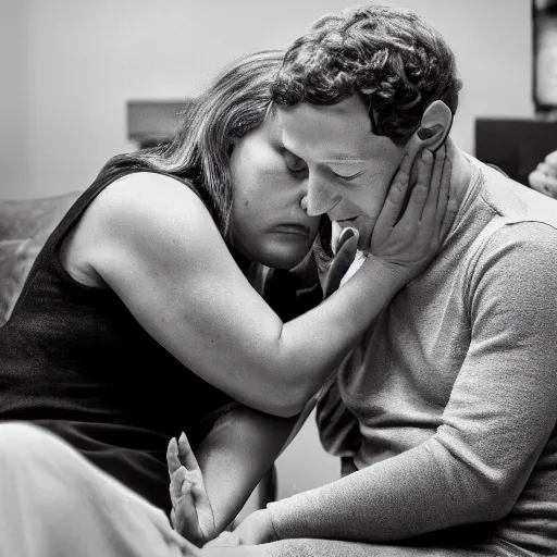 Prompt: uncanny valley Mark Zuckerberg comforting a grieving widow, photo, detailed, 4k