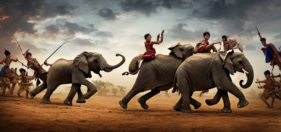 Prompt: the elephant duel of king naresuan of ayutthaya versus crown prince mingyi swa of burma in burmese - siamese war, warlords fight on the armored elephants, high resolution, highly detailed, 8 k, cinematic lighting, global illumination, elegant, ornate, super detail, a colorized photo, colorized, # film, movie still