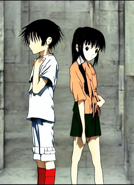 Image similar to boy, girl and a goat, still from Serial Experiments Lain, high resolution