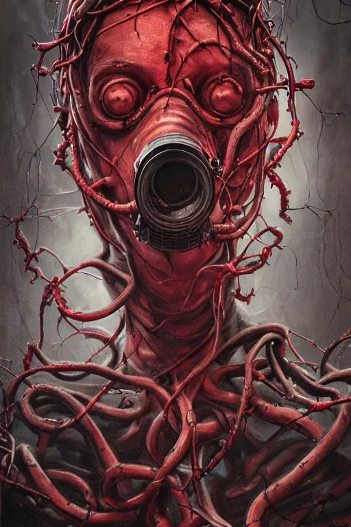 Prompt: realistic portrait beautiful detailed matte painting of cinematic movie scene a zombie with a gas mask, tentacles, black and red, thorns, vines, horror, created by gustave dore and greg rutkowski, high detailed, smooth draw, synthwave neon retro, intricate, realistic proportions, dramatic lighting, trending on artstation.