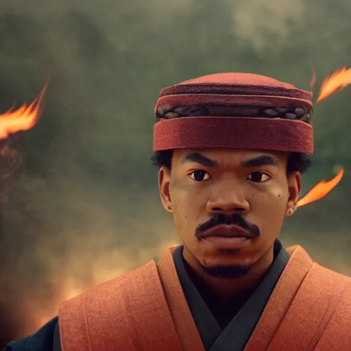 Image similar to cinematic film still of Chance The Rapper starring as a Samurai holding fire, Japanese CGI, VFX, 2022, 40mm lens, shallow depth of field, film photography