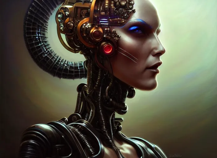 Image similar to portrait shot of a cyberpunk robot woman, intricate, elegant, highly detailed, centered, digital painting, artstation, concept art, smooth, sharp focus, illustration, artgerm, tomasz alen kopera, peter mohrbacher, donato giancola, joseph christian leyendecker, wlop, boris vallejo