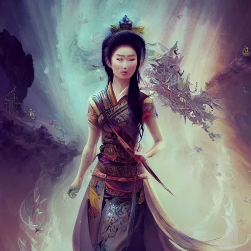 Image similar to chinese goddess emperess mulan in the style of craig mullins, greg rutkowski, peter mohrbacher, and drew struzan. epic, majestic, awe inspiring, god rays, fissures, divine, church painting, intricate armor, extreme detail, high octane, cartoonish