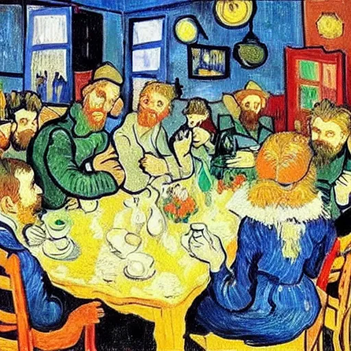 Image similar to a group of friends having lunch, van Gogh style