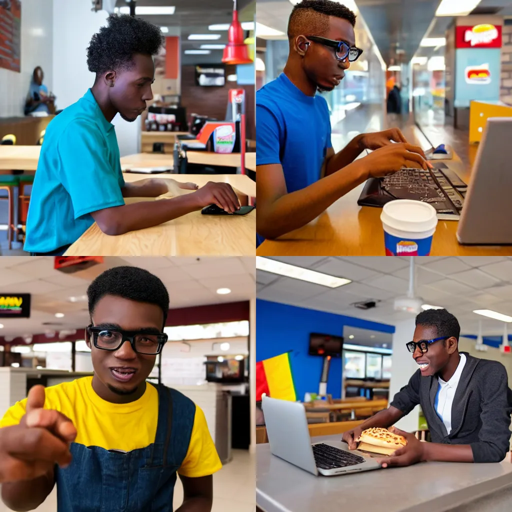 Prompt: young jamaican man who is short and wears glasses working at a burger king