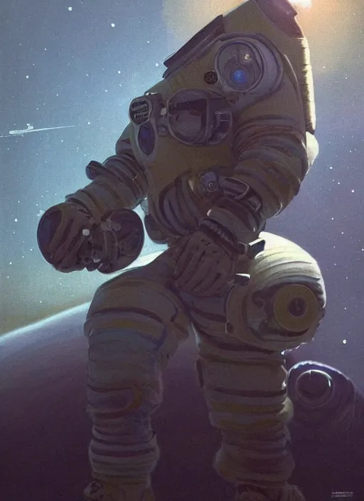 Prompt: a cosmonaut, by ralph mac quarrie, retrofuturism, vintage, pure design, concept art, artstation, high definition, extremely detailed, very aesthetic and beautiful, cinematic lighting, moody atmosphere, masterpiece