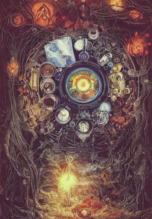 Image similar to autumnal medical equipment, cameras, radiating, blood mandala, portal, minimalist environment, by ryan stegman and hr giger and esao andrews and maria sibylla merian eugene delacroix, gustave dore, thomas moran, the movie the thing, pop art, biopunk, i'm the style of piet bill sienkiewicz