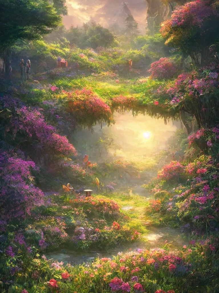 Image similar to a dream flower garden near a lakeside campsite environment where one draws mystical energy into their lives, background art, pristine concept art, small, medium and large design elements, golden hour, in the style of WLOP and Ross Tran