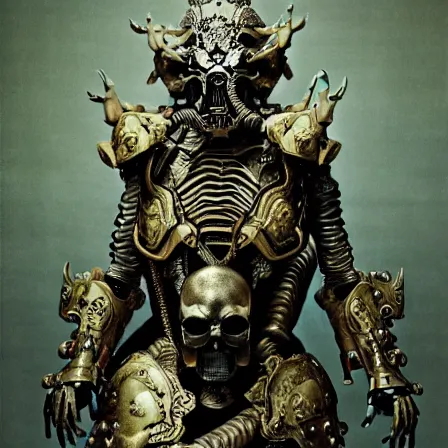 Image similar to still frame from Prometheus by Utagawa Kuniyoshi, lich king Dr doom in ornate bio cybernetic bone armour and skull mask helmet in hells bioship by Wayne Barlowe by peter Mohrbacher by Giger, dressed by Alexander McQueen and by Neri Oxman, metal couture hate couture editorial