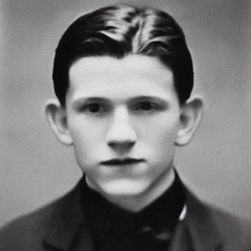 Prompt: headshot photograph of tom holland, 1 9 2 0 s, realistic face, 1 9 1 0 s photography, 1 9 0 0 s, grainy, slightly blurry