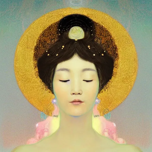 Prompt: a portrait of a very beautiful goddess with halo behind her head, in the style of WLOP and Hsiao-Ron Cheng and Gustav Klimt