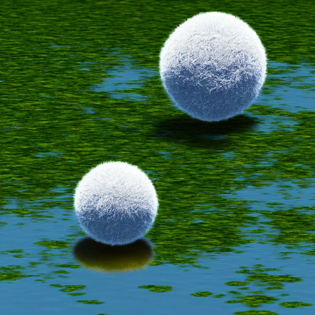 Image similar to a fuzzy orb floating on a pond, calm water, photorealistic, 4 k, detailed, reflection