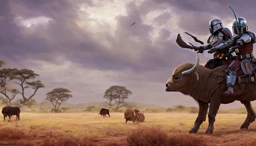 Image similar to mandalorian riding a buffalo, madagascar with baobabs trees in the background, animals chasing, action scene, an epic fantasy, artgerm and greg rutkowski and alphonse mucha, an epic fantasy, volumetric light, detailed, establishing shot, cinematic, photorealistic, hyper detailed, ultra realistic, trending on art station, octane render, midsommar