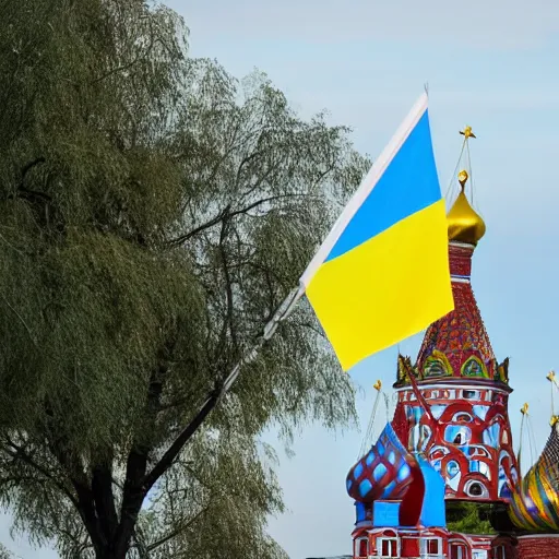 Image similar to A photo of Kremlin captured by Ukrainians with Ukrainian flags on top