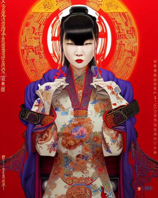 Image similar to portrait of a chinese cyberpunk machine, machine face, robed, upper half portrait, decorated with chinese opera motifs, regal, asian, fine china, wuxia, traditional chinese art intricate intense elegant 京 剧 highly detailed digital painting artstation concept art smooth sharp focus illustration, art by artgerm and greg rutkowski alphonse mucha 8 k