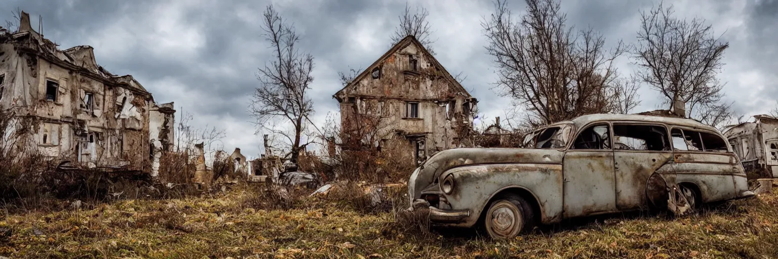 Prompt: low wide angle shot of dilapidated fallout 5 europa, retro futuristic overgrown euro rural town, desolate, dilapidated houses, few rusted retro futuristic vintage parked vehicles like cars, volumetric lighting, photorealistic, daytime, autumn, cold sunny weather, sharp focus, ultra detailed, 4 1 0 0 k