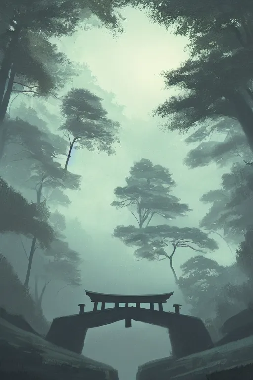 Prompt: Japanese Torii in the center of the picture , torii in a moutain with trees ,night , by Grzegorz Rutkowski, concept art , wide angle