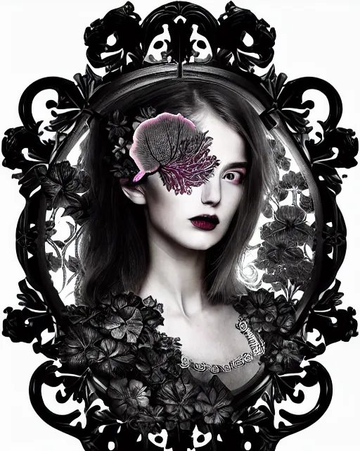 Image similar to monochrome profile portrait painting, dutch masters, silver lace floral steampunk biomechanical beautiful young female cyborg with one fluo techno eye, monocular, volumetric light, leaves foliage and stems, hibiscus flowers, rim light, big gothic fashion pearl embroidered collar, 8 k