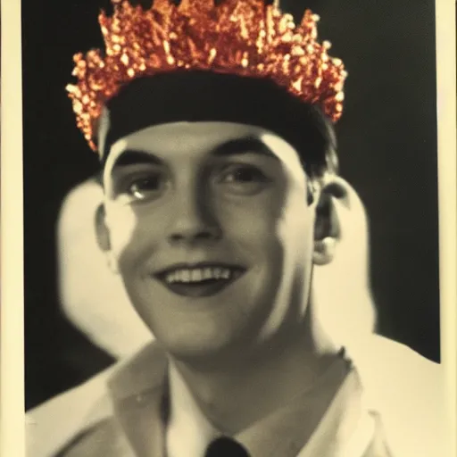 Image similar to a yearbook photo from 1966 of Jughead Jones, wearing a felt crown