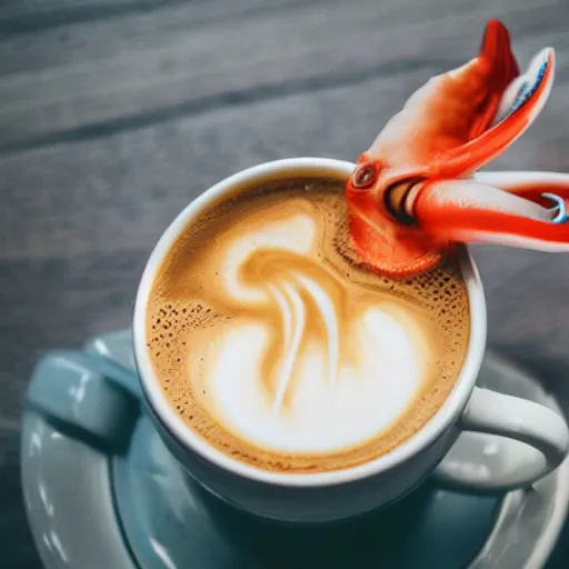 Image similar to a squid swimming in a cup of coffee, professional photography