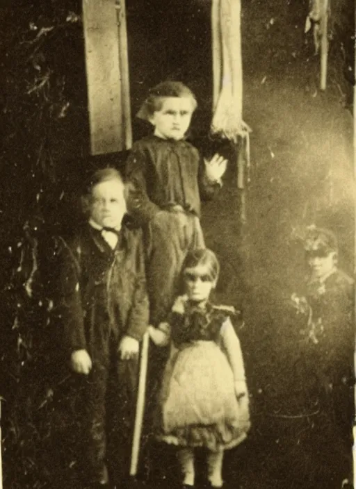 Prompt: old photograph of a victorian child surrounded by glowing shadow eyes, demons, ghosts, paranormal evidence in the background