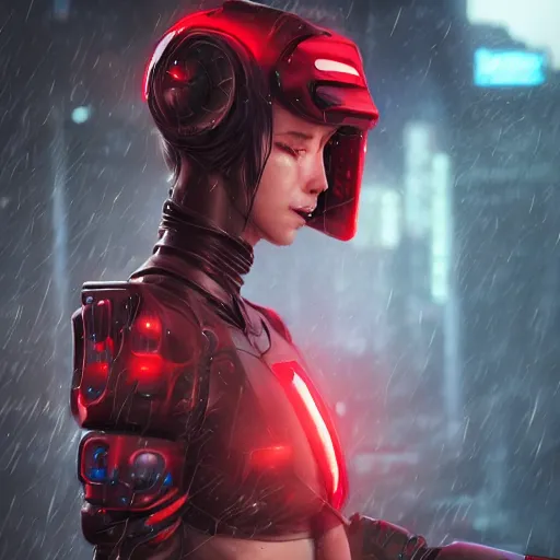Prompt: An realistic epic fantastic comic book style portrait painting of a female cyber ninja by WLOP trending on arstation, black and reddish color armor, cyberpunk feel raining at tokyo rooftop, Concept world Art, unreal 5, DAZ, hyperrealistic, octane render, cosplay, RPG portrait, dramatic lighting, rom lights
